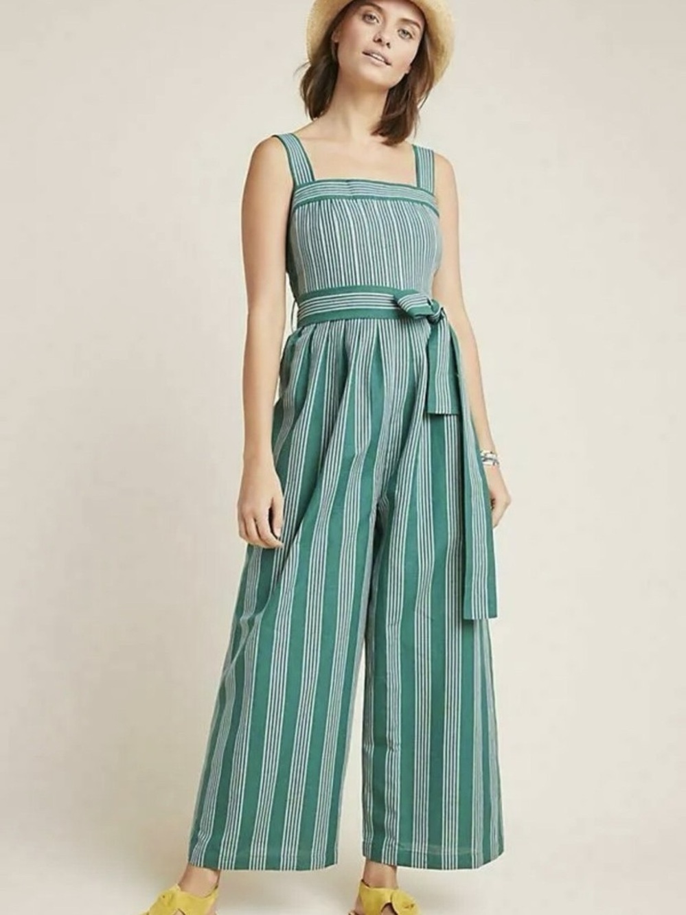 Anthropologie Green Striped Sleeveless Jumpsuit Dress with Waist Tie